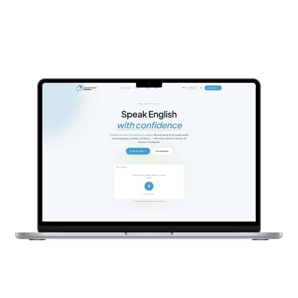 Simple English Practice landing page on a laptop, with the live speaking demo