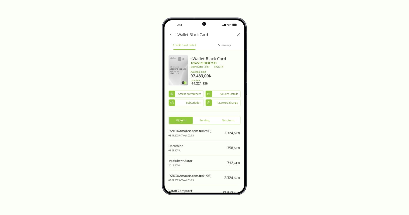 Credit card detail screen: small card image, card details, actions and transaction history with Midterm, Pending and Next term tabs