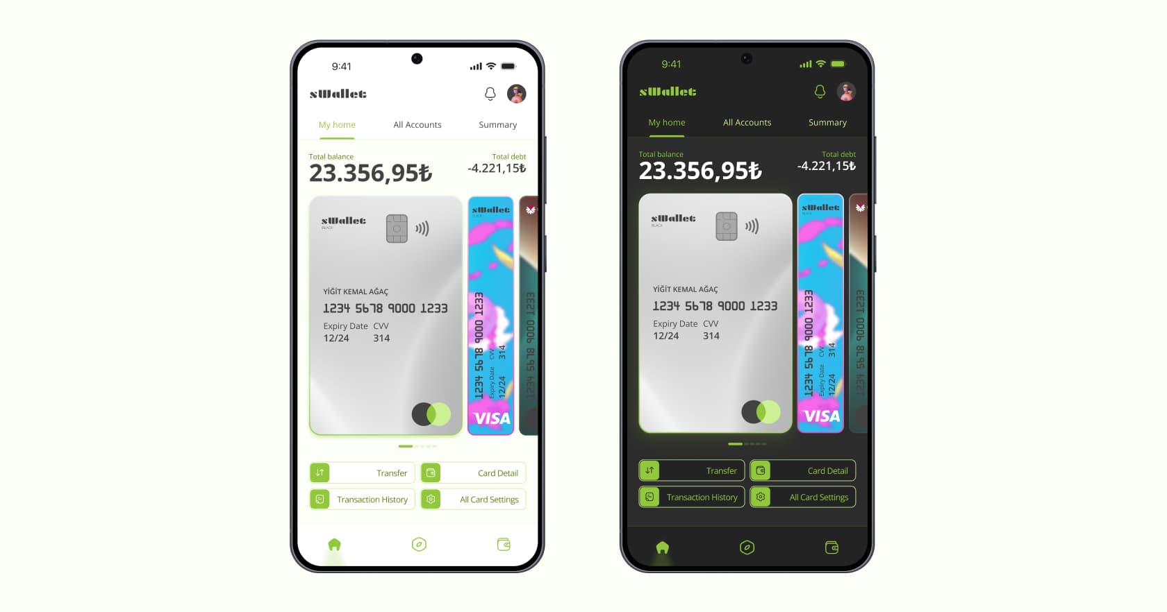 sWallet home screen in light and dark mode, with vertical cards in a swipeable wallet